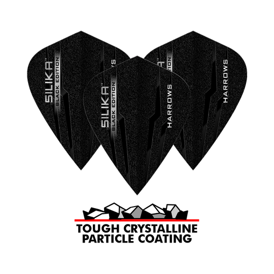 Vuelos de cometa Harrows Silika Black Edition Das Bild zeigt drei schwarze Harrows Silika Black-Edition Kite Flights mit glänzender Beschriftung. Darunter steht „Tough Crystalline Particle Coating“ mit einer Grafik von Kristallen.