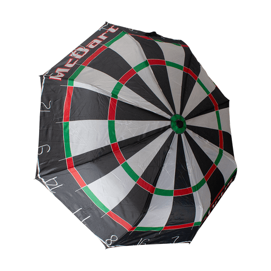 SCHIRM-McDart-Dartboard-Regenschirm-2dQBxf4ST22BdQ Auf dem Bild ist ein Regenschirm zu sehen, dessen Design wie eine Dartscheibe aussieht. Auf dem Schirm steht der Schriftzug „McDart“.