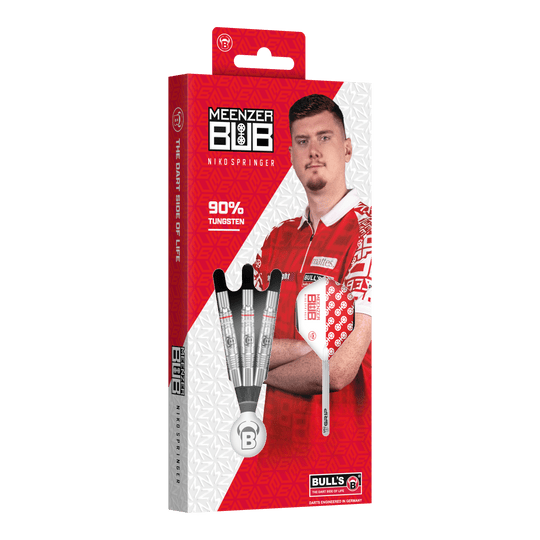 Auf dem Bild ist die Verpackung der "Bulls Niko Springer Softdarts - 22g" zu sehen. Die Packung zeigt drei Dartpfeile und ein Portrait von Niko Springer.