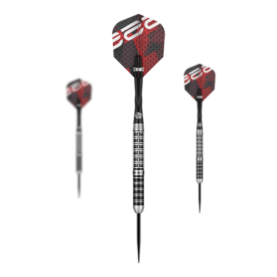 Tiro de dardos de acero Niels Zonneveld V2 Das Bild zeigt drei Steeldarts des Modells "Shot Niels Zonneveld V2". Die Darts haben silber-schwarze Spitzen und Schäfte sowie rote und schwarze Flights mit Muster.