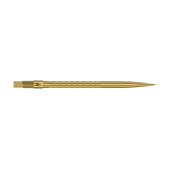 Puntas de dardos Harrows Quick Point Heavy Metal - Doradas Das Foto zeigt eine 40 mm lange Harrows Quick Point Heavy Metal Grip Dartspitze in Gold. Die Spitze hebt den strukturierten Griff hervor.
