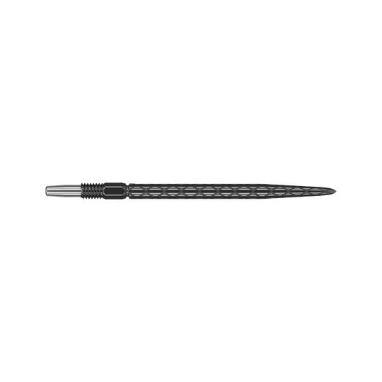 Puntas de dardos Target Swiss Diamond Pro Black Points Das Bild zeigt eine schwarze Dartspitze mit rautenförmiger Struktur. Sie ist lang und schmal mit einem silbernen Gewinde am Ende.