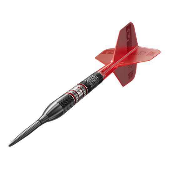 Dardos de acero Target Gabriel Clemens 95K Swiss Point Das Bild zeigt einen Target Gabriel Clemens 95K Swiss Point Steeldart. Der Dart hat ein schwarzes Barrel mit roten Akzenten und rote Flights.