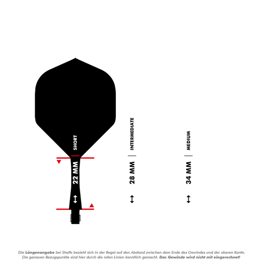 Sistema de eje de vuelo Winmau Fusion n.° 6 amarillo neón Das Bild zeigt die Längenangaben für verschiedene Dartshafts, wobei der kurze Shaft mit 22 mm gekennzeichnet ist. Außerdem sind die Längen für "Intermediate" mit 28 mm und "Medium" mit 34 mm dargestellt.