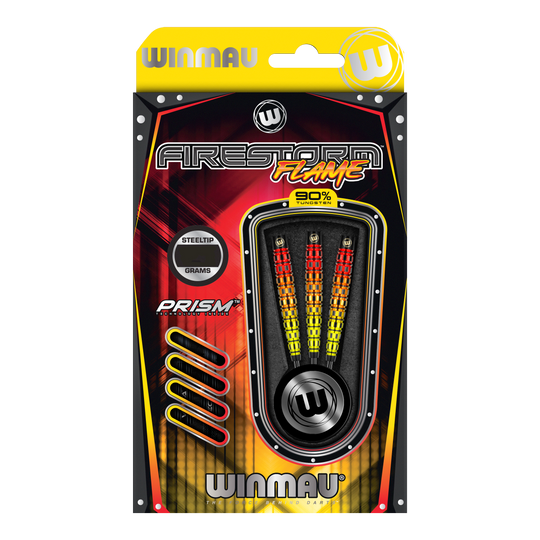 Dardos de acero cónicos Winmau Firestorm Flame Das Bild zeigt die Verpackung der "Winmau Firestorm Flame Tapered Steeldarts". In der Verpackung sind drei bunte Stahlspitzendarts mit einem auffälligen Flammen-Design zu sehen.