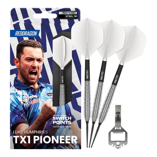 Dardos de acero Red Dragon Luke Humphries TX1 Pioneer Switch Point Dieses Bild zeigt die Red Dragon Luke Humphries TX1 Pioneer Switch Point Steeldarts in voller Ansicht. Die Darts sind für Präzision und hohe Leistung bekannt.