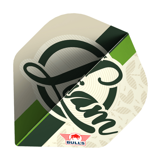 Bulls NL Jugador 100 Liam Maendl Lawrance No2 Vuelos Estándar Das Bild zeigt ein Dart Flight mit dem Schriftzug "Liam" und einem klassischen Design in Grün- und Beigetönen. Unten ist das Logo von BULL'S zu sehen.