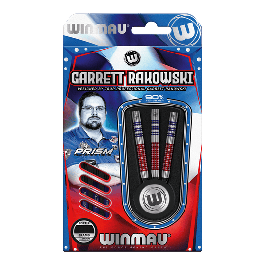 Dardos blandos Winmau Garrett Rakowski - 20g Auf dem Bild ist eine Verpackung der "Winmau Garrett Rakowski Softdarts - 20g" zu sehen. Die Verpackung zeigt die Darts sowie ein Bild von Garrett Rakowski und ist in Blau, Rot und Weiß gestaltet.