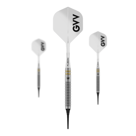 Dardos blandos Winmau Gian Van Veen W-MAX - 18g Auf dem Bild ist ein Set Winmau Gian Van Veen W-MAX Softdarts - 18g zu sehen. Drei Darts und das Zubehör sind abgebildet.