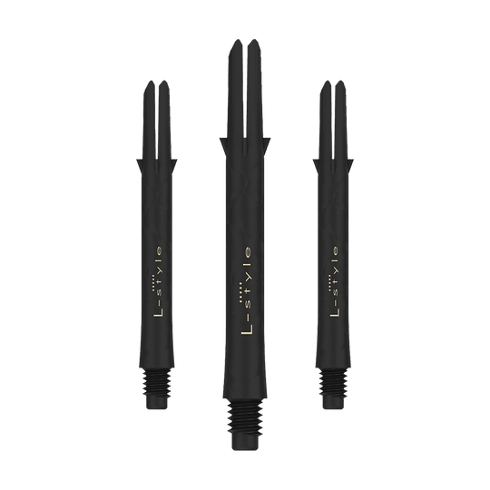 Ejes de carbono estilo L Das Bild zeigt drei schwarze Dartschäfte aus Carbon der Marke L-Style. Die Schäfte sind ohne Kappen und jeweils mit dem Schriftzug "L-style" versehen.