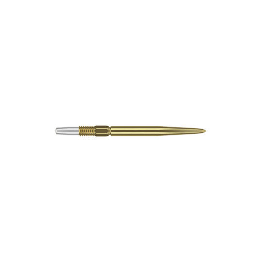 Puntas de dardos Target Swiss Point Gold Das Bild zeigt eine goldfarbene Dartspitze mit feinen Rillen. Links befindet sich ein silbernes Schraubgewinde zur Befestigung.