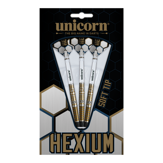 Dardos blandos Unicorn Hexium Style 03 dorados y negros - 23 g Abgebildet sind die Unicorn Hexium Style 03 Gold & Black Softdarts mit 23g. Die Pfeile zeichnen sich durch ihr elegantes Design in Gold und Schwarz aus.