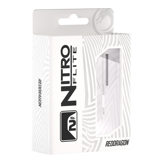 Red Dragon Nitroflite - Eje blanco, plumas transparentes nº 2 Die Abbildung zeigt die Verpackung der „Red Dragon Nitroflite - White Shaft Clear No2 Flights“. Die Verpackung ist überwiegend weiß und hat ein Sichtfenster, durch das die Dartflights zu sehen sind.
