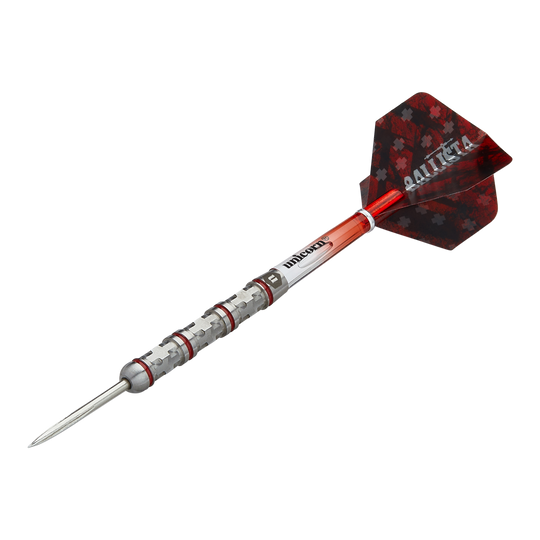 Dardos de acero estilo Ballista Unicorn 4 Das Bild zeigt einen Unicorn Ballista Style 4 Steeldart. Der Dartpfeil hat eine rot-silberne Farbgebung und ein markantes Flight-Design.