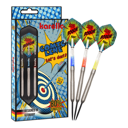 Dardos de acero Karella Comic Line CL-2 - 23 g Zu sehen ist das vollständige Set der Karella Comic Line CL-2 Steeldarts in 23g. Die Steeldarts bieten eine gute Balance für ambitionierte Spieler.