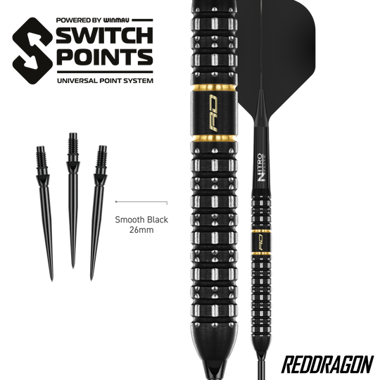 Dardos de acero de punto de conmutación paralelo Red Dragon Ascenso Das Bild zeigt die Red Dragon Ascend Parallel Switch Point Steeldarts. Die Darts sind seitlich abgebildet und zeigen das spezielle Barrel-Design.