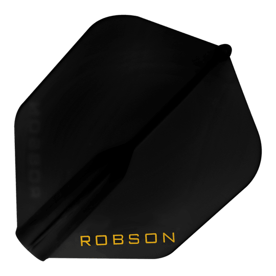 Robson Plus Vuelos - NO6 Auf dem Bild ist ein schwarzes Dart-Flight zu sehen. In einer Ecke steht das Wort "ROBSON" in gelber Schrift.