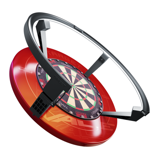 Das Bild zeigt das Produkt "Target OMNI Auto-Scoring-System", ein innovatives automatisches Punktesystem für Dartscheiben. Es besteht aus einem roten Sockel, einer Dartscheibe und einem großen schwarzen Ring, der über der Scheibe angebracht ist.