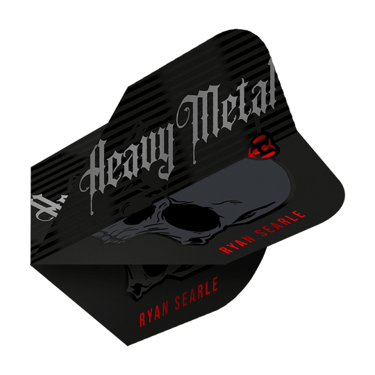 Vuelos de la serie 2 de Heavy Metal de Ryan Searle de Harrow Das Bild zeigt ein Dart-Flight mit der Aufschrift "Heavy Metal" und einem Totenkopf-Design. Unten steht in roten Buchstaben der Name "Ryan Searle".