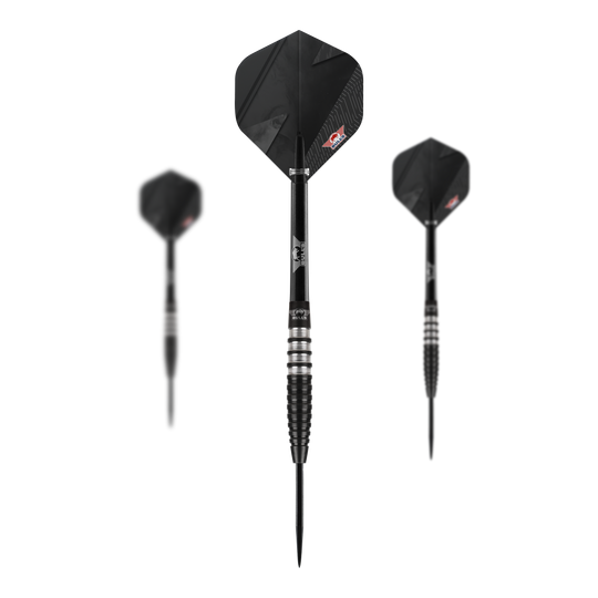Dardos de acero negros Bulls NL Lightning Das Bild zeigt drei schwarze Steeldarts des Modells "Bulls NL Lightning Black". Die Darts haben ein modernes, geriffeltes Design mit schwarzen Flights.