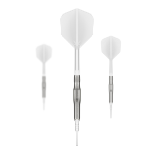 Dardos blandos Target Japan Crux Brave - 18,5 g Das Bild zeigt drei Softdarts des Produkts "Target Japan Crux Brave Softdarts - 18,5g". Die Darts haben silberne Schäfte und weiße Flights.