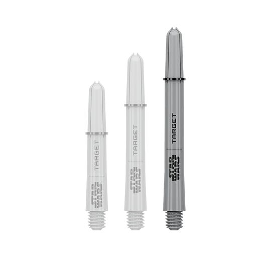 Das Bild zeigt ein Dart-Zubehör mit dem Dateinamen 380432_Target_StarWars_ProGrip_Shafts_Grau_Medium_48mm_1. Es handelt sich wahrscheinlich um einen einzelnen grauen Medium ProGrip Shaft von Star Wars mit 48mm Länge.