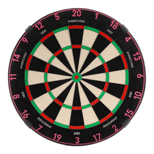 Das Precise 180 Endorphine Steeldartboard mit Nummernring in Cyber Pink ist auf dem Bild dargestellt. Es eignet sich perfekt für anspruchsvolle Dartspieler.