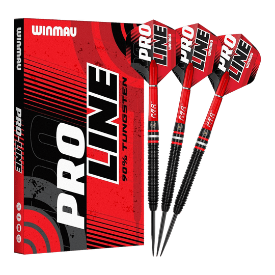 Zu sehen sind die Winmau Pro-Line 90% Steeldarts. Die Darts verfügen über einen hohen Qualitätsstandard und sind für Profis geeignet.