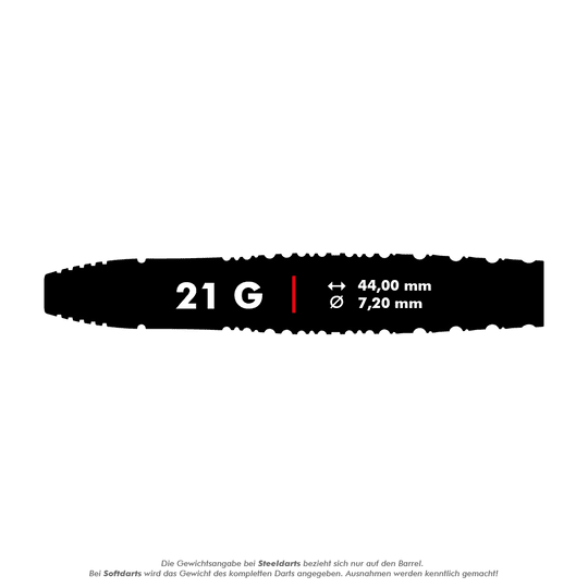 Dardos de acero Target Japan Toru Suzuki Sereno GEN1 Swiss Point - 21 g Das Bild zeigt einen Dartpfeil mit der Aufschrift "21 G". Die Länge beträgt 44,00 mm und der Durchmesser 7,20 mm.