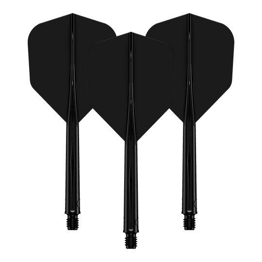 Sistema de eje de vuelo Mission Force 90 No6 - Negro Auf dem Bild sind drei schwarze Dartflights mit passenden Shafts zu sehen. Sie stehen nebeneinander und sind identisch gestaltet.