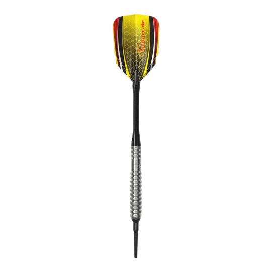 Dardos blandos McDart 85 Tungsten V20 - 17 g Dies ist ein Softdart namens "McDart 85er Tungsten V20" mit einem Gewicht von 17g. Der Dart hat einen silbernen Griff und gelb-schwarze Flights mit roten Akzenten.