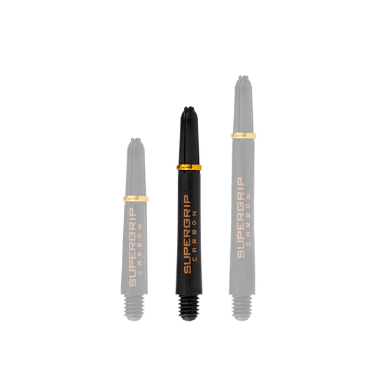 HR352_Harrows_Supergrip_Carbon_Shafts_Gold_40mm_1 Das Bild zeigt drei unterschiedlich lange Harrows Supergrip Carbon Shafts in der Farbe Gold. Die Dartschäfte sind schwarz mit goldenen Akzenten und der Aufschrift "SUPERGRIP CARBON".