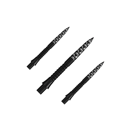 Das Bild zeigt ein Set schwarzer Steeldartspitzen mit GV-Logo, 26 mm lang. Diese Spitzen sind speziell für Dartpfeile entwickelt worden.
