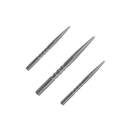 Puntas de dardo Condor Beak Point con corte Das Bild zeigt drei silberne Dartspitzen, die nebeneinander liegen. Sie sind aus Metall und haben eine schlanke, spitze Form.
