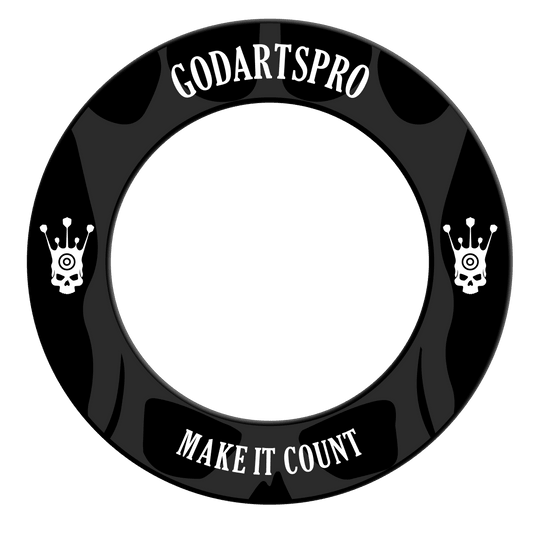 Gezeigt wird das GoDartsPro Dartboard Surround in der Farbe Schwarz. Es handelt sich um einen Schutzring für Dartscheiben.