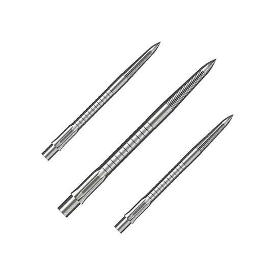 Das Bild zeigt ein Set von Steeldartspitzen mit Micro Grip, Silber, 36mm. Die Spitzen sind nebeneinander auf weißem Hintergrund angeordnet.