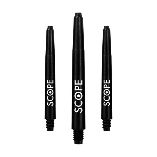 Auf dem Bild sind drei schwarze McDart Scope Nylon Shafts zu sehen. Auf jedem Schaft steht das Wort "SCOPE" in weißer Schrift.