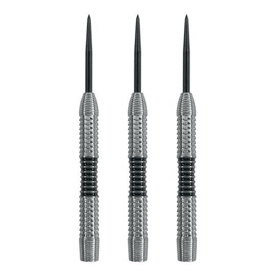 Dardos McDart Black Stripe 2 de acero - 22 g Das Bild zeigt drei Steeldart-Barrels mit silberner Oberfläche und schwarzen Ringen in der Mitte. Es handelt sich um das Produkt "McDart Black Stripe 2 Steeldart-Barrels - 22g".