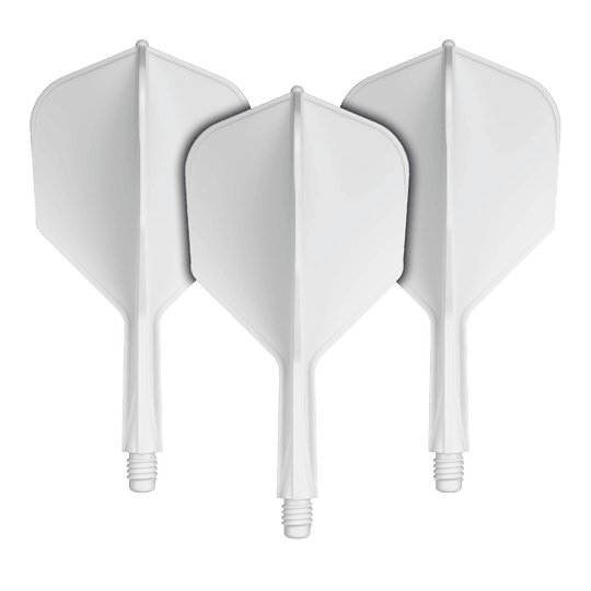Sistema de eje de vuelo GOAT A1R No6 - Blanco Auf dem Bild sind drei weiße Dart-Flügel mit Schäften zu sehen. Sie sind nebeneinander angeordnet und zeigen alle nach oben.