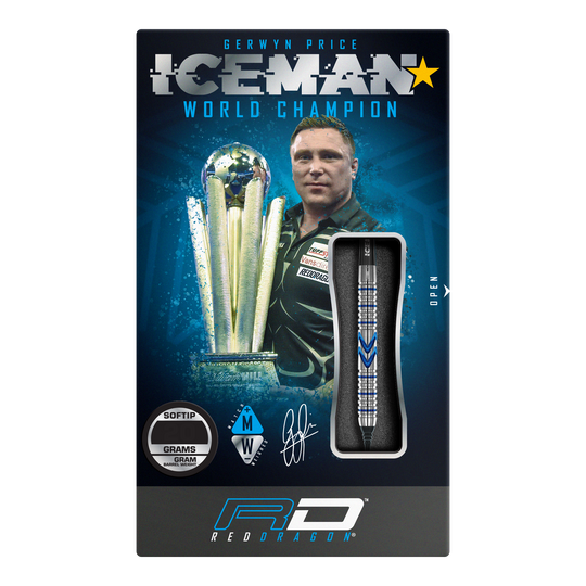 Dardos blandos Red Dragon Gerwyn Price Iceman Midnight Edition - 20 g Die Verpackung zeigt die Red Dragon Gerwyn Price Iceman Midnight Edition Softdarts mit einem Gewicht von 20g. Auf der Vorderseite sind ein Bild von Gerwyn Price und ein Dartpfeil abgebildet.