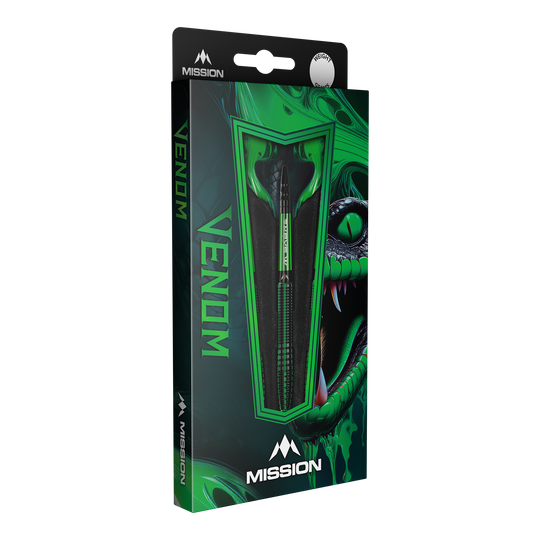 dardos de acero Mission Venom Die Abbildung zeigt eine Packung der "Mission Venom Steeldarts". Die Verpackung ist hauptsächlich grün und schwarz gestaltet und zeigt ein auffälliges Schlangendesign.