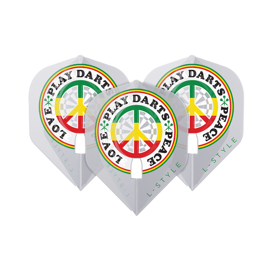Vuelos L-Style Deta Hedman V4 Blanco Transparente L1PRO Das Bild zeigt drei weiße Dart-Flights der Marke L-Style Deta Hedman V4 L1PRO. Auf den Flights steht in bunten Farben der Schriftzug "LOVE PLAY DARTS PEACE" um ein Peace-Zeichen.