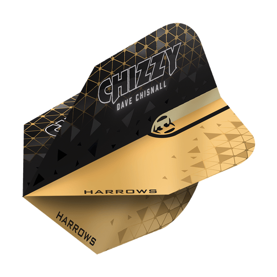 Harrows Prime Dave Chisnall Chizzy 2 No. 6 Vuelos Das Bild zeigt ein Harrows Prime Dave Chisnall Chizzy 2 No6 Flight. Das Flight ist schwarz-gold gestaltet und trägt den Aufdruck "CHIZZY DAVE CHISNALL" sowie das Harrows-Logo.