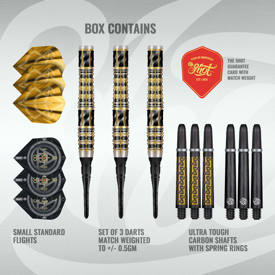 Dardos blandos Shot Alchemy Auro - 20 g Die Shot Alchemy Auro Softdarts - 20g werden präsentiert. Die Darts sind speziell für Softdart geeignet.