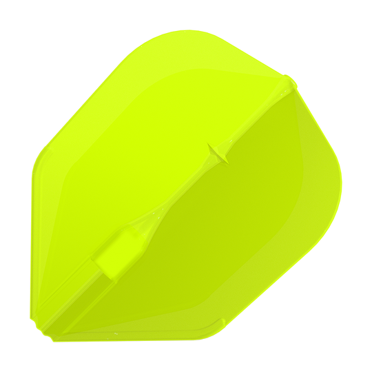 Vuelos L-L-Style3EZ Das Bild zeigt eine neon-gelbe Dartflügel. Die Oberfläche ist glatt und hat eine auffällige, leuchtende Farbe.