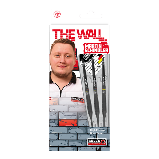 Toros Martin Schindler El Muro Dardos de Acero de Latón Negro Auf dem Bild ist die Verpackung der "Bulls Martin Schindler The Wall Black Brass Steeldarts" zu sehen. Auf der Vorderseite sind das Produkt, ein Porträt von Martin Schindler und das Markenlogo abgebildet.