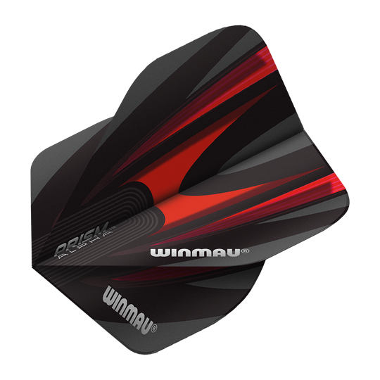 6915-167_Winmau_Prism_Alpha_6915-167_Standard_Flights_2 Das Bild zeigt einen Winmau Prism Alpha 6915.167 Standard Flight für Darts. Das Flight-Design ist überwiegend schwarz mit roten und grauen Akzenten sowie dem Winmau-Logo.