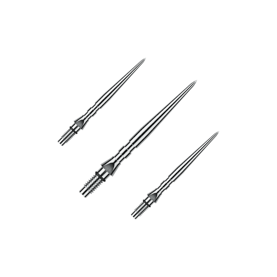 Puntas de dardos de acero Winmau Switch Point Groove - Efecto plateado Auf dem Bild ist ein Set von silbernen Steeldartspitzen mit Rillen zu sehen, wahrscheinlich 'Switch Point Groove Silver Effect' und 26mm lang. Das Set ist für den Einsatz bei Steeldarts gedacht.