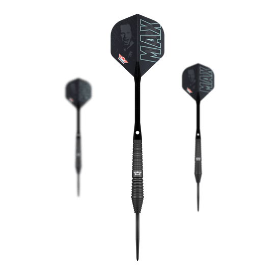 Dardos Bulls NL Max Hopp de acero negro Das Bild zeigt die Bulls NL Max Hopp Black Steeldarts. Es handelt sich um ein Set von hochwertigen Steeldarts für Präzisionsspiel.