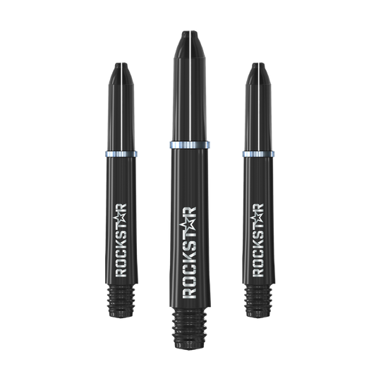 Varillas de nailon Winmau Joe Cullen Rockstar negras Das Bild zeigt drei schwarze Dartschäfte mit der Aufschrift "ROCKSTAR". Sie sind jeweils mit einem silbernen Metallring versehen.